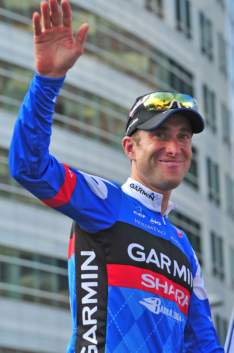 Christian Vande Velde, the 2012 Pro Challenge champion, waves a fond farewell to the Colorado crowd on the podium on Sunday. Vande Velde, who has been a pro racer since 1998.