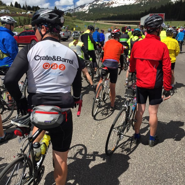 Riders are held up by the State Patrol on Vail Pass after riders went down on the east-side trail.